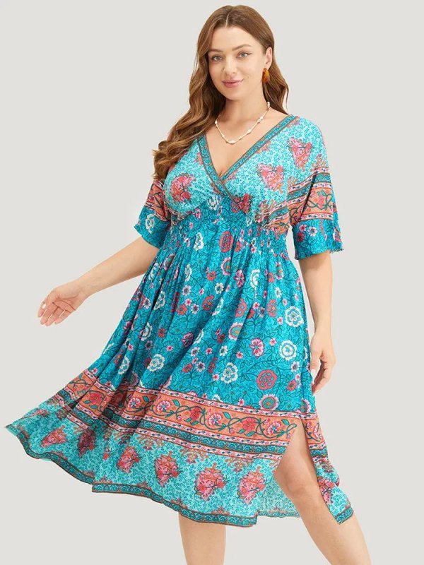 Floral Dolman Sleeve Ruffles Shirred Split Hem Dress