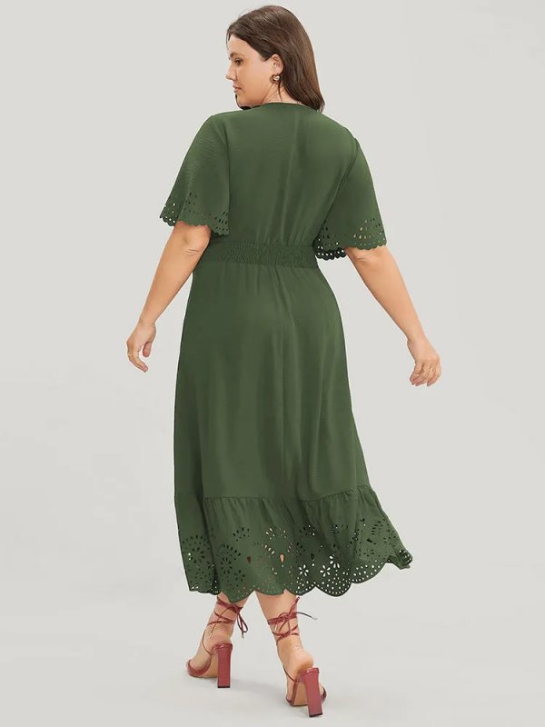 Solid Laser Cut Shirred Pocket Wrap Scalloped Trim Flutter Dress