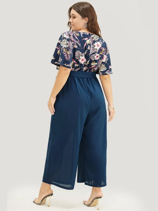 Floral Patchwork Wrap Belted Pocket Jumpsuit