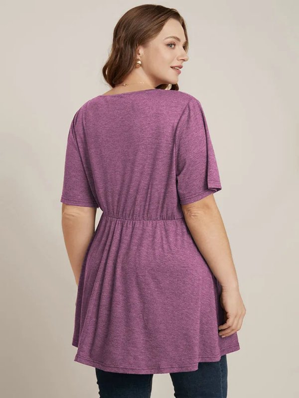 Solid Button V Neck Ruffles Blouse