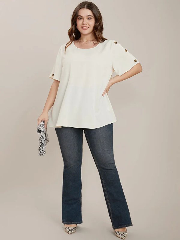 Plain Round Neck Button Detail Blouse