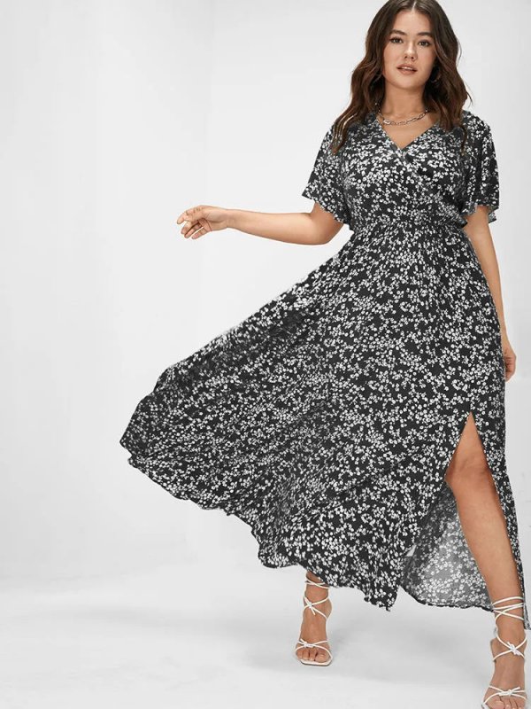 [Hot Sale] Flutter Sleeve Ditsy Floral Pocket Split Maxi Dress