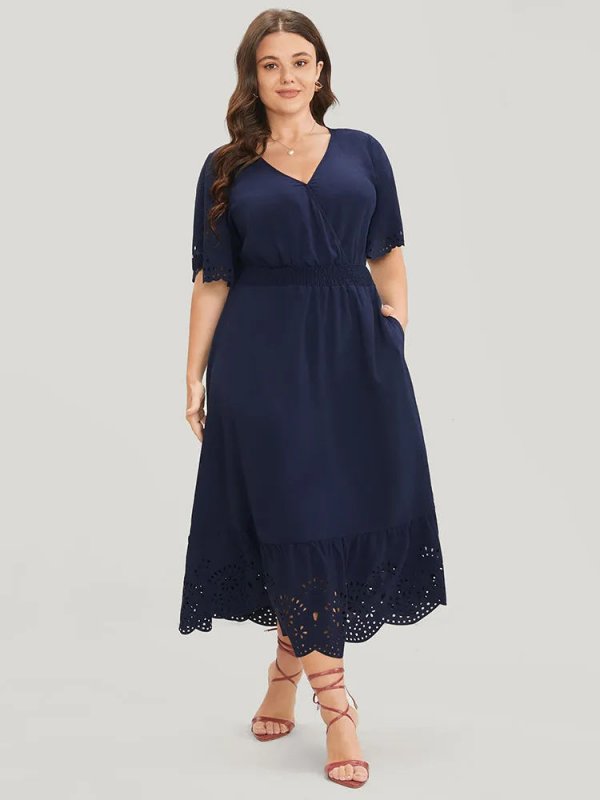 Solid Laser Cut Shirred Pocket Wrap Scalloped Trim Flutter Dress