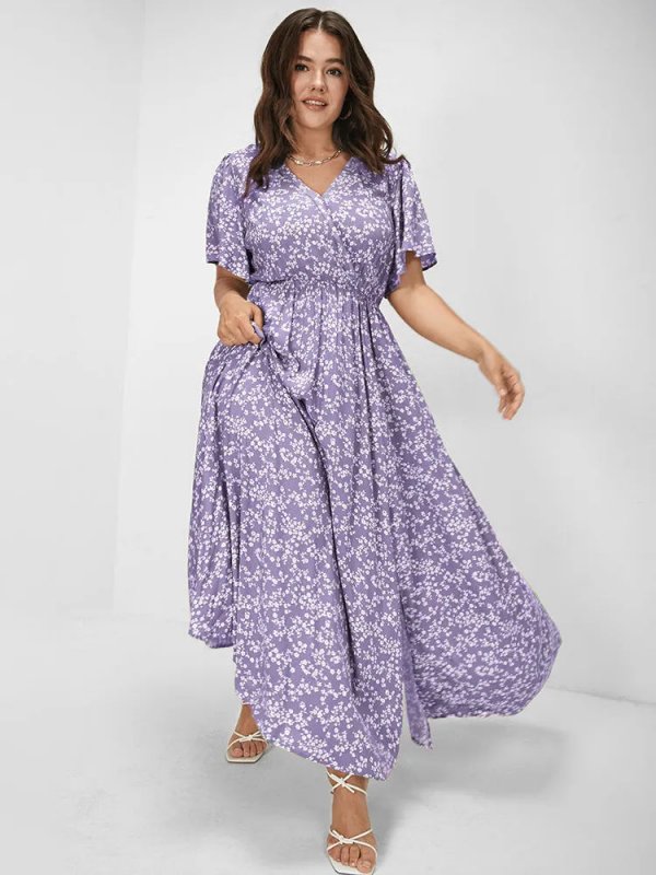[Hot Sale] Flutter Sleeve Ditsy Floral Pocket Split Maxi Dress