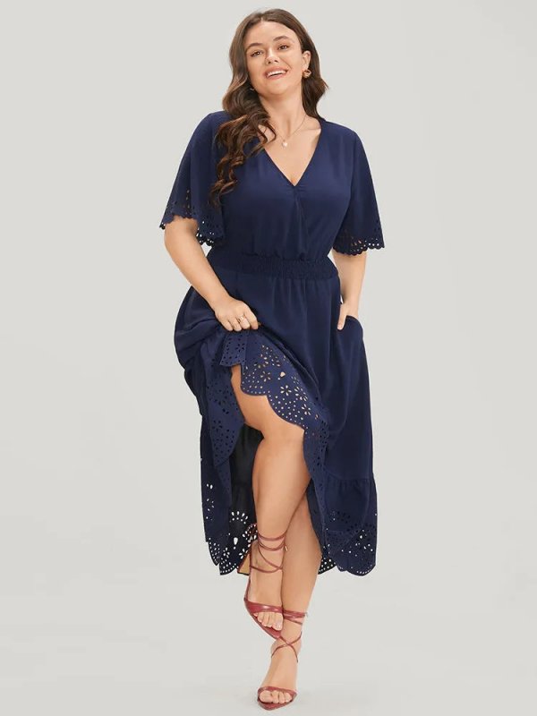 Solid Laser Cut Shirred Pocket Wrap Scalloped Trim Flutter Dress