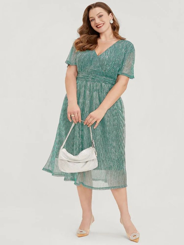 Glitter Mesh Surplice Neck Ruffle Sleeve Pocket Midi Dress