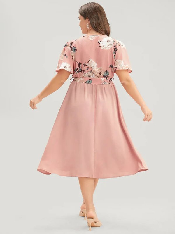 Floral Printed Pocket Ruffles Surplice Neck Belted Midi Dress