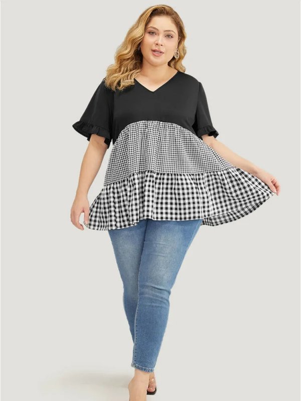 Gingham Patchwork Ruffle Sleeve Tiered Hem Blouse