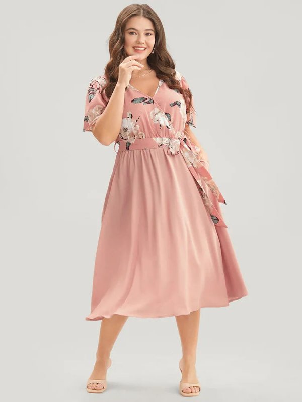 Floral Printed Pocket Ruffles Surplice Neck Belted Midi Dress