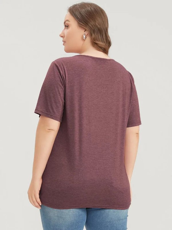 Solid Pleated Front Button Detail V Neck T-shirt