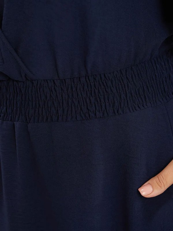 Solid Laser Cut Shirred Pocket Wrap Scalloped Trim Flutter Dress