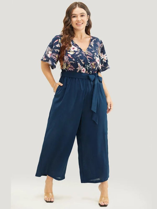 Floral Patchwork Wrap Belted Pocket Jumpsuit