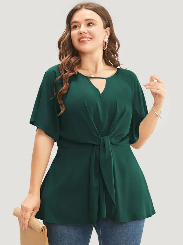 Plain Keyhole Knotted Front Ruffle Sleeve Blouse