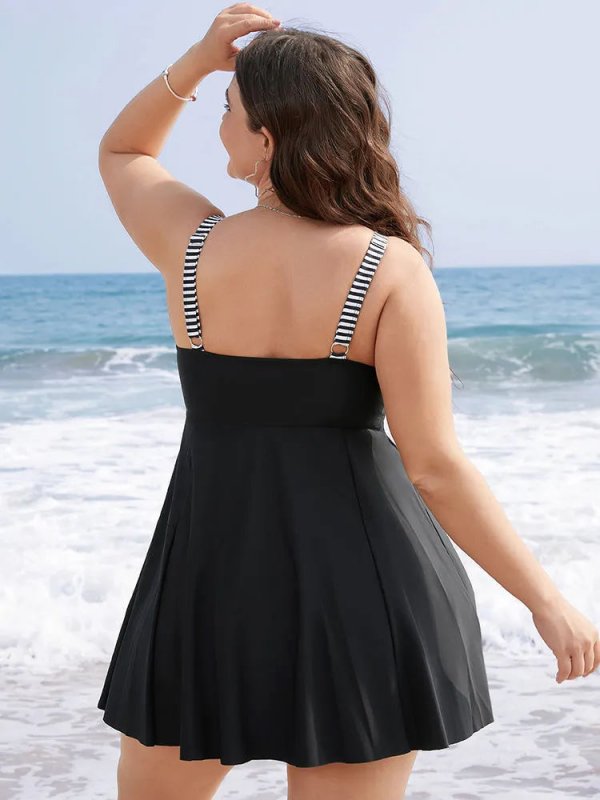 Striped Patchwork Knot Front Ruffles Swim Dress