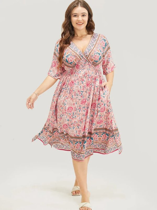 Floral Dolman Sleeve Ruffles Shirred Split Hem Dress