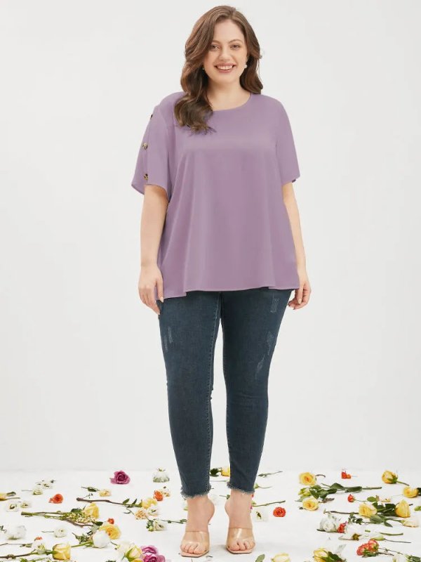 Plain Round Neck Button Detail Blouse