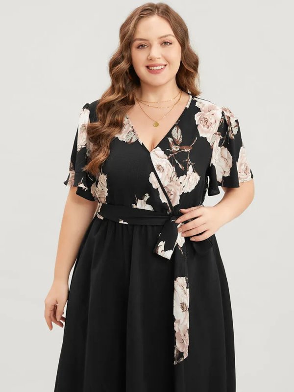 Floral Printed Pocket Ruffles Surplice Neck Belted Midi Dress