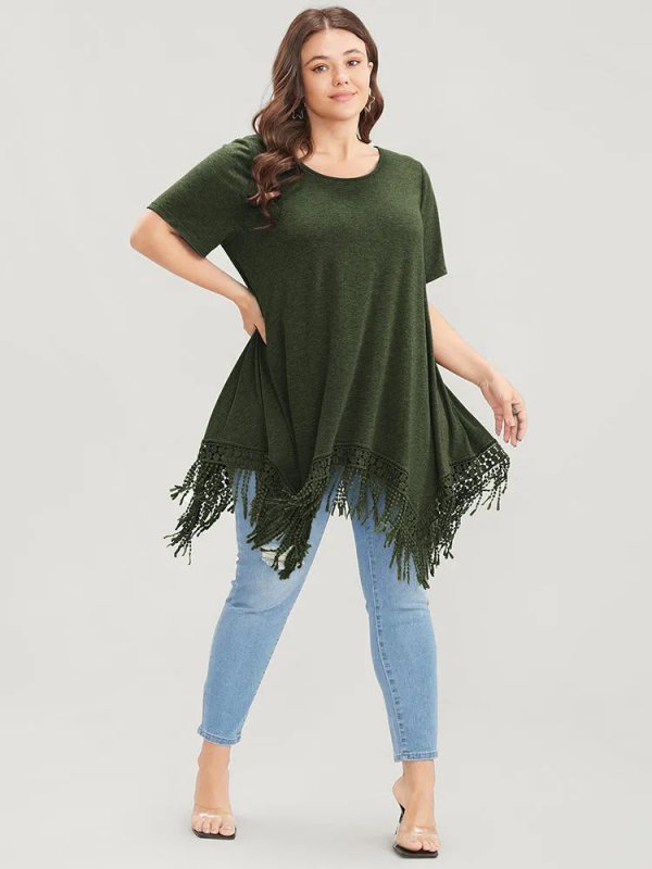 Solid Round Neck Lace Fringe Hem T-shirt