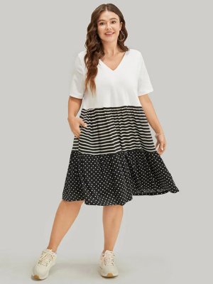 Polka Dot Patchwork Contrast Pocket Striped Ruffle Dress