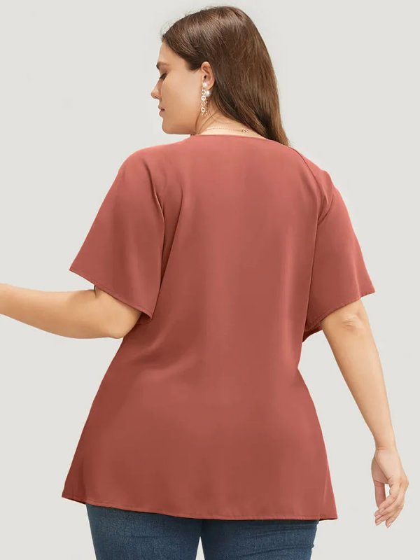 Plain Keyhole Knotted Front Ruffle Sleeve Blouse