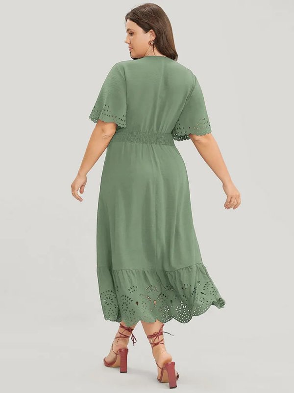 Solid Laser Cut Shirred Pocket Wrap Scalloped Trim Flutter Dress