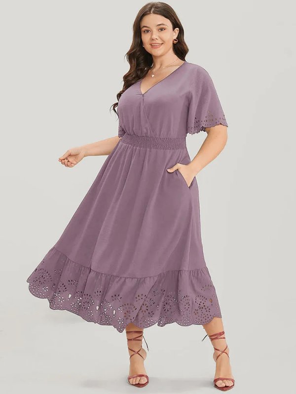 Solid Laser Cut Shirred Pocket Wrap Scalloped Trim Flutter Dress