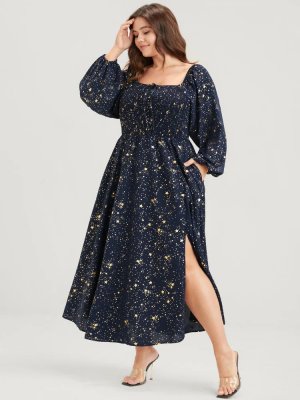 Star Lantern Sleeve Pocket Tie Square Neck Shirred Split Dress