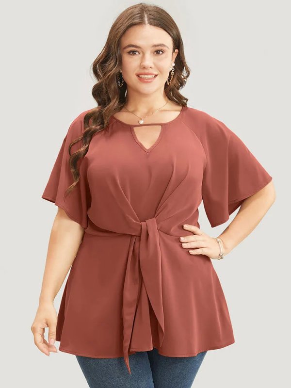 Plain Keyhole Knotted Front Ruffle Sleeve Blouse