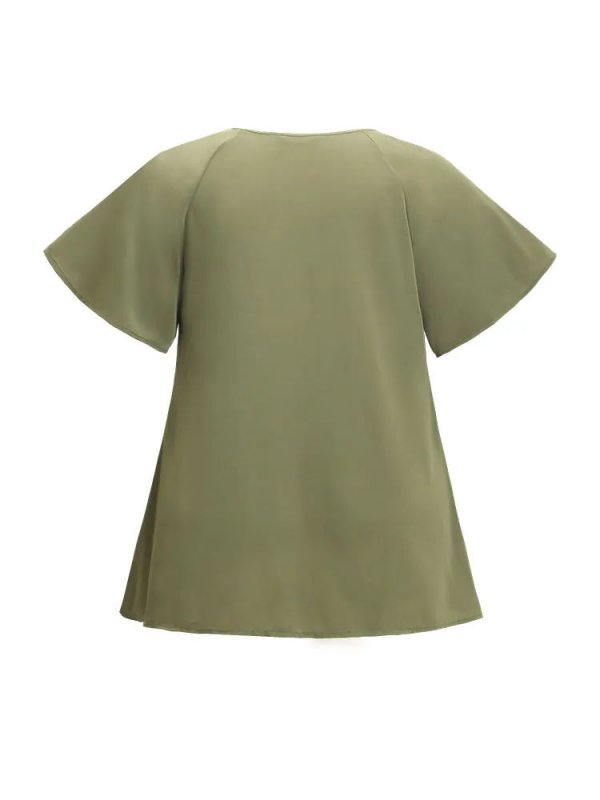 Plain Keyhole Knotted Front Ruffle Sleeve Blouse
