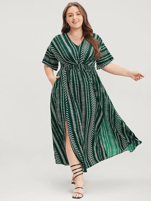 Solid Geometric Dolman Sleeve Pocket Shirred Split Hem Dress