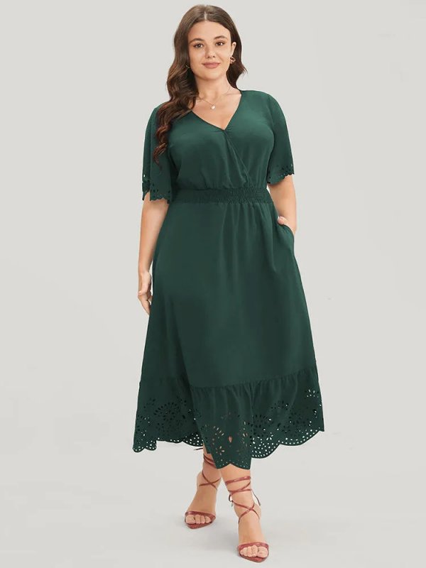 Solid Laser Cut Shirred Pocket Wrap Scalloped Trim Flutter Dress