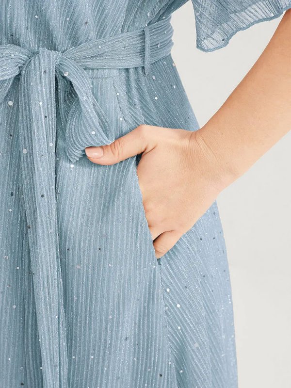 Plain V Neck Mesh Pocket Ruffle Tiered Belted Midi Dress