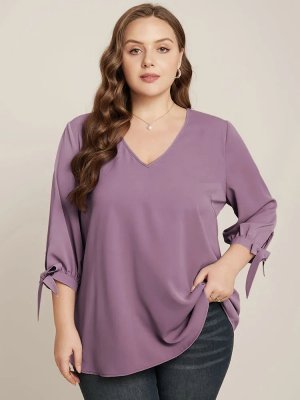 Plain Knotted Sleeve V Neck Blouse