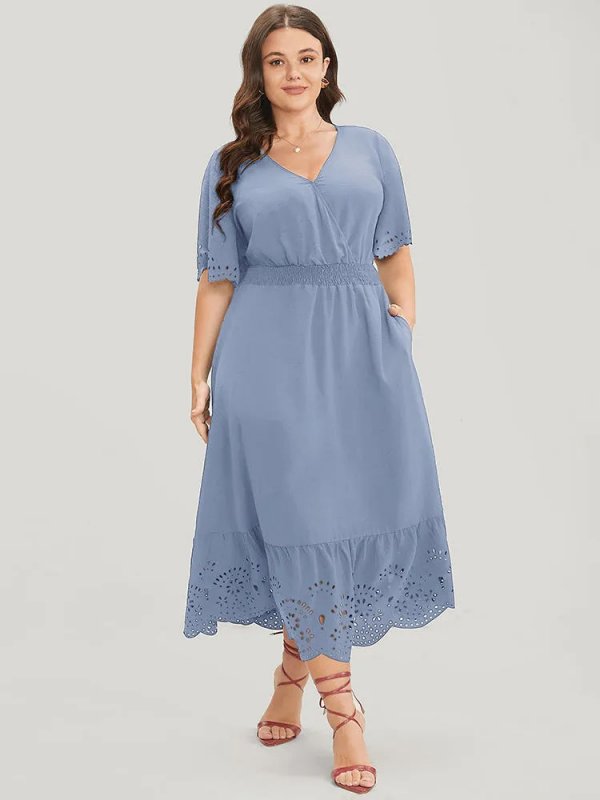 Solid Laser Cut Shirred Pocket Wrap Scalloped Trim Flutter Dress