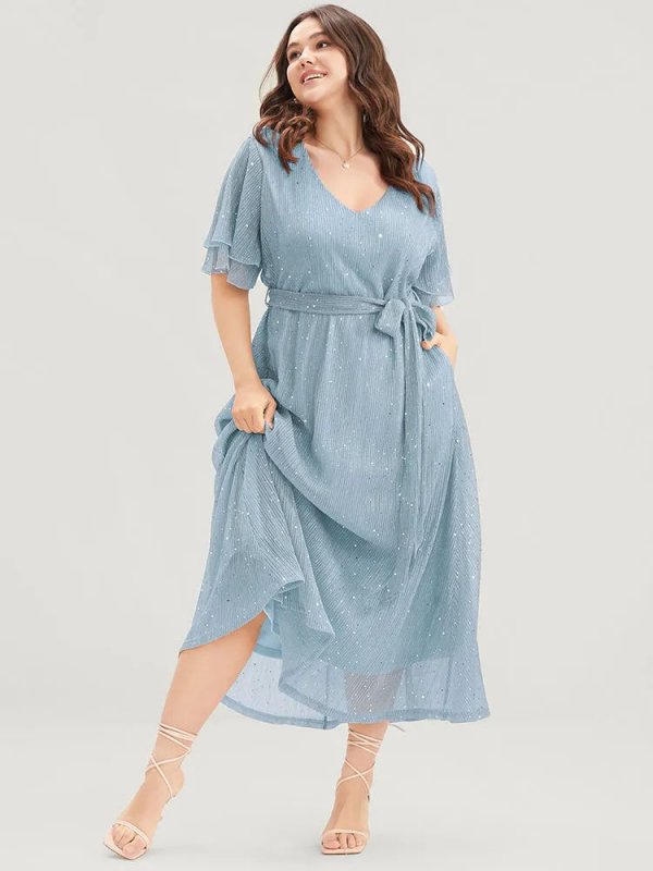 Plain V Neck Mesh Pocket Ruffle Tiered Belted Midi Dress