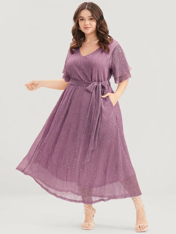 Plain V Neck Mesh Pocket Ruffle Tiered Belted Midi Dress