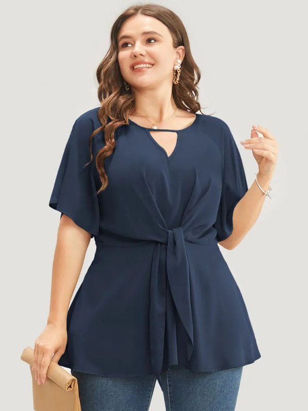 Plain Keyhole Knotted Front Ruffle Sleeve Blouse