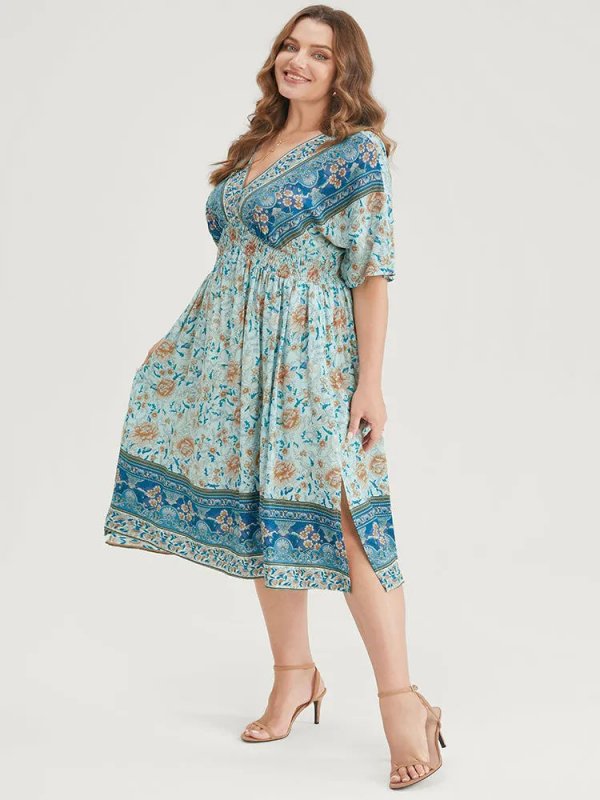 Floral Dolman Sleeve Ruffles Shirred Split Hem Dress