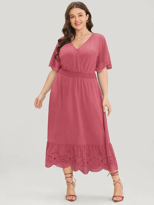 Solid Laser Cut Shirred Pocket Wrap Scalloped Trim Flutter Dress