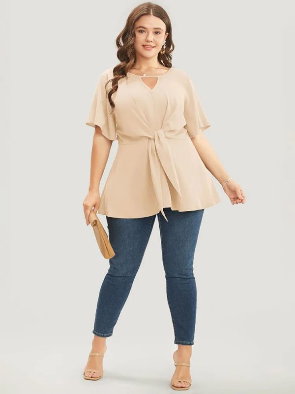 Plain Keyhole Knotted Front Ruffle Sleeve Blouse