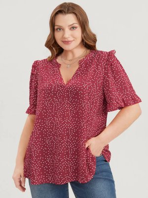 Polka Dot V Neck Ruffle Trim Blouse