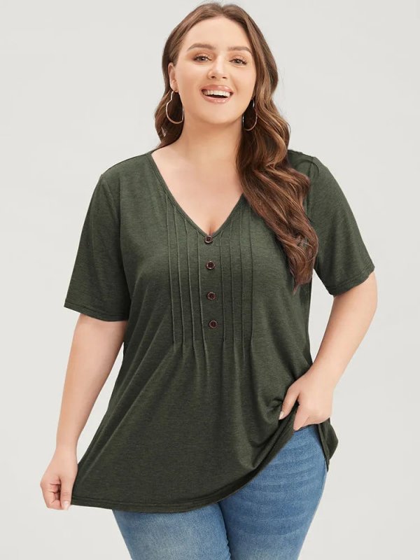 Solid Pleated Front Button Detail V Neck T-shirt