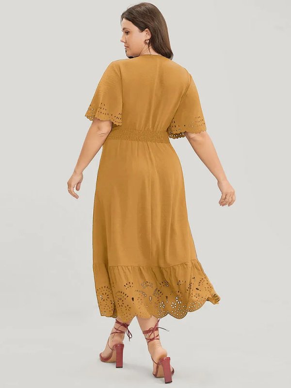 Solid Laser Cut Shirred Pocket Wrap Scalloped Trim Flutter Dress