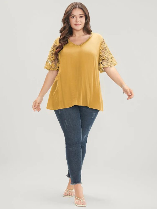 Plain V Neck Floral Patchwork Blouse