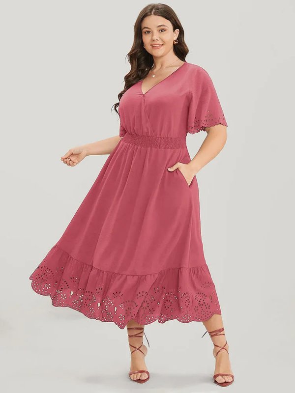 Solid Laser Cut Shirred Pocket Wrap Scalloped Trim Flutter Dress