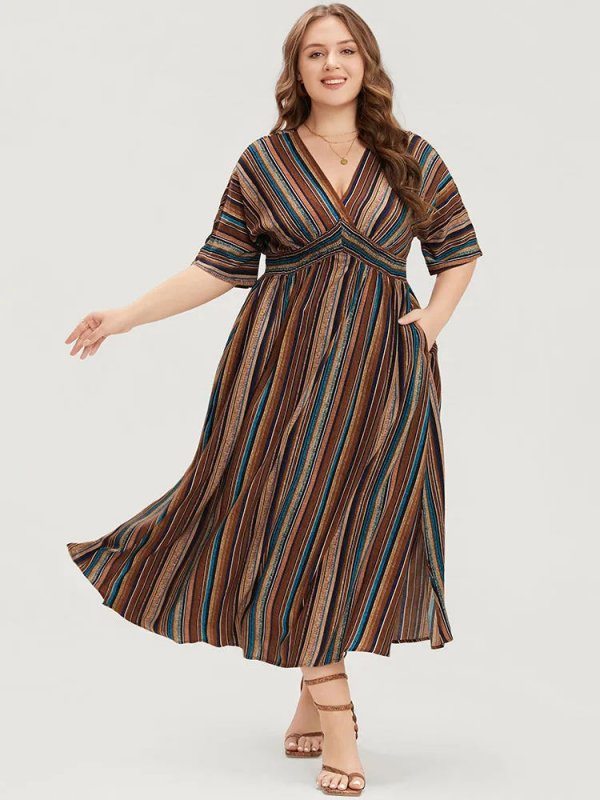Striped Contrast Dolman Sleeve Shirred Pocket Split Flutter Dress