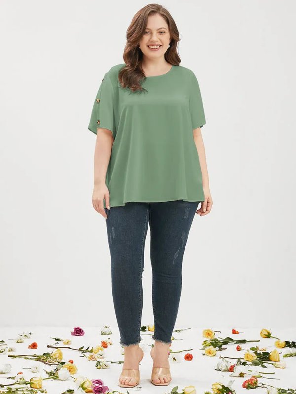 Plain Round Neck Button Detail Blouse