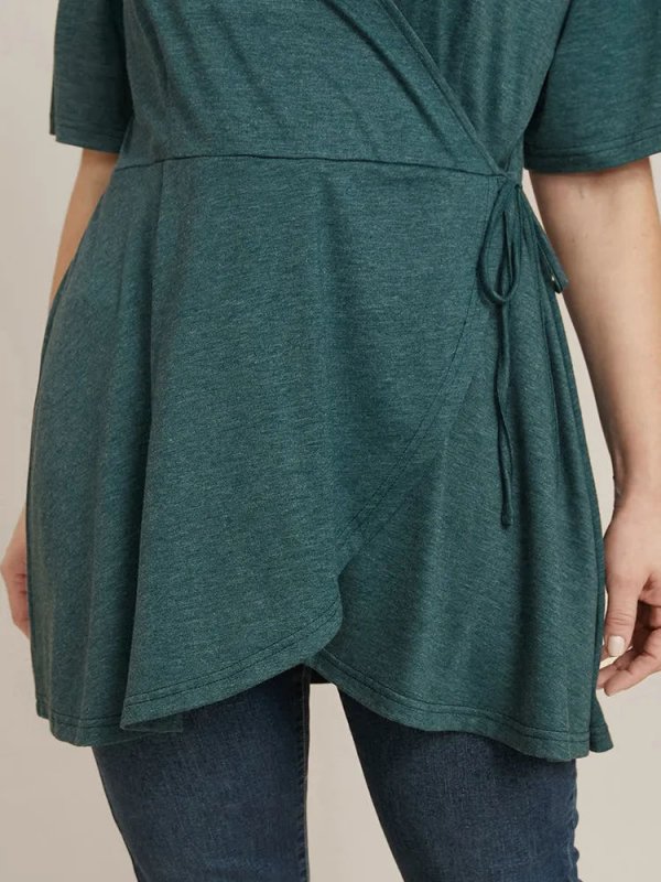 Solid Button V Neck Ruffles Blouse