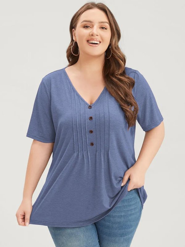 Solid Pleated Front Button Detail V Neck T-shirt