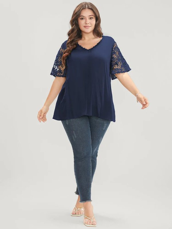 Plain V Neck Floral Patchwork Blouse